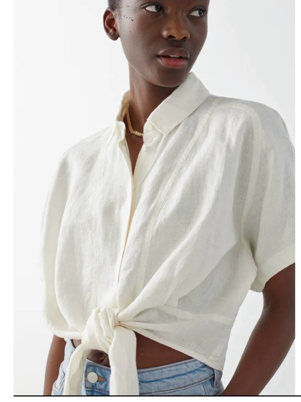 & Other Stories 100% Linen Cream Tie-Front Button Down Shirt